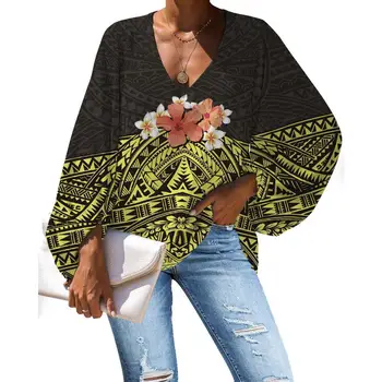 HYCOOL Rumena Polinezijski Padec Moda za Ženske Šifon Dolg Rokav Bluzo Cvjetnim Natisne V-Neck Zgornji del Ženske Elegantne Priložnostne Majice