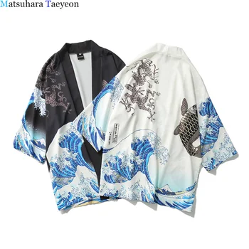 Japonska Kimono Style Rokavi Moški VintageHarajuku Slog Bluzo Tiskanja Valovi in Veter Zmaj Srajce Japonski Batwing Rokav