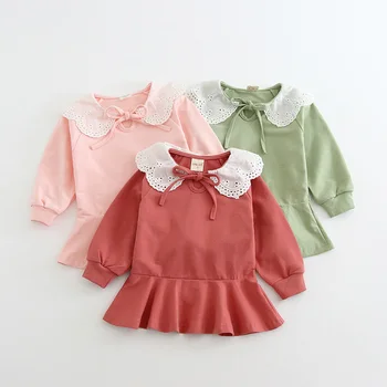 Jeseni Baby Dekleta Oblačenja Long Sleeve Solid Tiskanja Obleko Čipke Design Otroci Princesa Pageant Obleke 6-36M