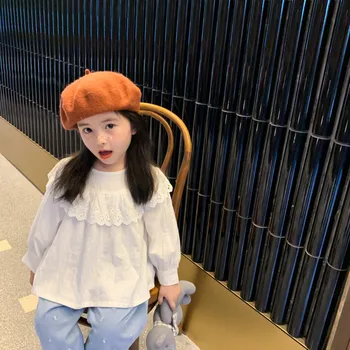 Jeseni Bombažne Majice Za Baby dekleta korejski Modni Stil Čipke ovratnik, Dolgi Rokavi Dekliška bluze Otroci Lutka majica Otroci Oblačila