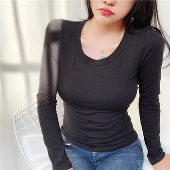 Jeseni Dolg Rokav Bombaža Ženske Majica 2021 korejski O-vratu Trdna Plus Velikost Slim Ženske Bluzo Casual Sexy Žensk Majica Vrhovi 10705