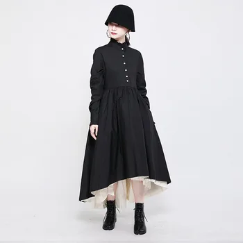 Jeseni obleko ženske Bombaž Letnik A-Line Trdna Celoten Lok Imperij obleke za ženske Japonska temno slog luksuzni oblikovalec obleko