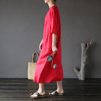 Johnature Ženske Obleke Bombaž 2020 Poletje Novo Pol Rokav Proti-Vrat Svoboden 3 Barve Priložnostne Ženske Obleke, Ohlapne Obleke