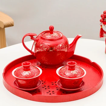 Kitajski poročno doto rdeče poročiti praznovanje novega tea cup, ki bo ustrezala lonec, čaj, set grelnik vode navduřen keramični čajnik pladenj gaiwan teaset