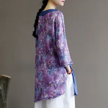 Kitajski retro diagonalno sponke suknjič svoboden mid-dolžina 7-rokav ramije majica barvno perilo za ženske jeseni