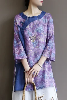 Kitajski retro diagonalno sponke suknjič svoboden mid-dolžina 7-rokav ramije majica barvno perilo za ženske jeseni