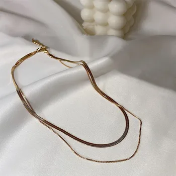 Korejski Zlato Barvo dvojno plast žensk ogrlica Preprost pulover clavicle verige bijoux femme