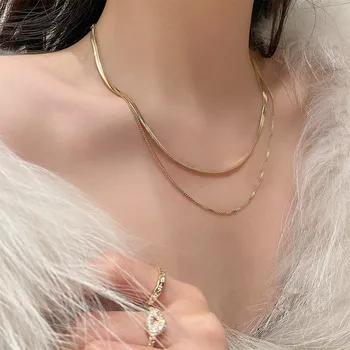 Korejski Zlato Barvo dvojno plast žensk ogrlica Preprost pulover clavicle verige bijoux femme