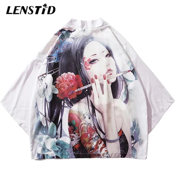LENSTID Harajuku Kimono Suknjič Japonski Ukiyoe Cvetlični Gejša Tatoo Hip Hop Moške Poletne Ulične Tanke Obleke Japonskem Slogu Oblačila