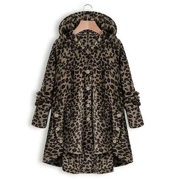 Leopard Coats Nove Ženske Gumb Runo Asimetrični Robom Kapičastih Pulover Pulover Visoke kakovosti