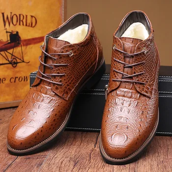 Mens delo škornji moda pozimi toplo čevlji black brown priložnostne Čipke moški čevlji za prosti čas split usnje kratek plišastih čevlji