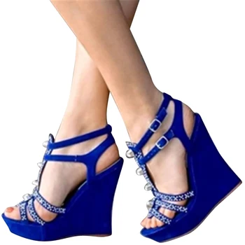 Minan Storitev, Nove Ženske klin sandale, modra klin sandale z sparkly diamanti, in seksi, elegantna sandale za poroke in odpotoval