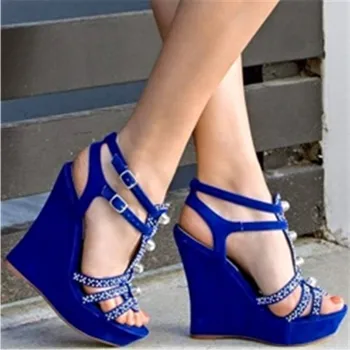 Minan Storitev, Nove Ženske klin sandale, modra klin sandale z sparkly diamanti, in seksi, elegantna sandale za poroke in odpotoval