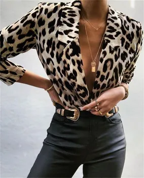 Moda 2019 Ženske Leopard Tiskanja Dolg Rokav, Dolg Plašč Suknjič Dame Jopiči Jeseni Jopico Odprite Šiv OL Suknjič Stroški Outwear