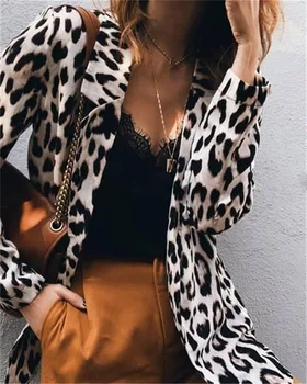 Moda 2019 Ženske Leopard Tiskanja Dolg Rokav, Dolg Plašč Suknjič Dame Jopiči Jeseni Jopico Odprite Šiv OL Suknjič Stroški Outwear