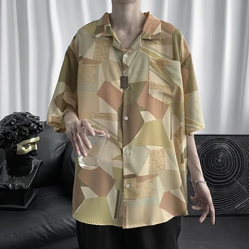 Moda Barva Blok Kratkimi Zavoj navzdol Ovratnik Moške Svoboden Priložnostne Top Majica Moški Majice Plus Velikost M-2XL Rokavi Moški Bluzo