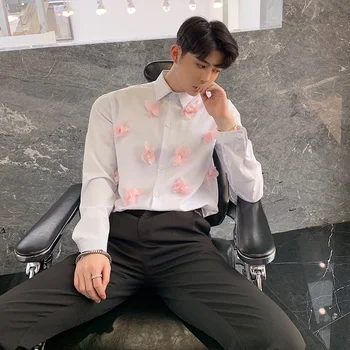 Moda moška Bela Majica z Roza Cvetovi Stilsko Dekoracijo Majice Dolg Rokav Aplicirano M-XL