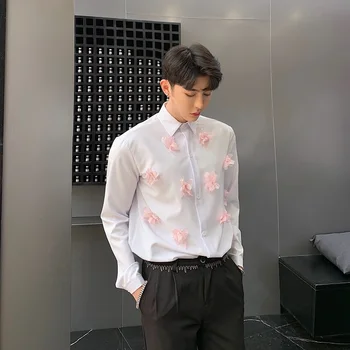 Moda moška Bela Majica z Roza Cvetovi Stilsko Dekoracijo Majice Dolg Rokav Aplicirano M-XL