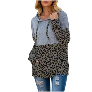 Moda za Ženske Priložnostne Vrvico Leopard Tiskanja Dolg Rokav Hodded Vrhovi Majica Leopard tiskanja šivanje lady športna majica