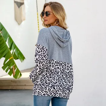 Moda za Ženske Priložnostne Vrvico Leopard Tiskanja Dolg Rokav Hodded Vrhovi Majica Leopard tiskanja šivanje lady športna majica