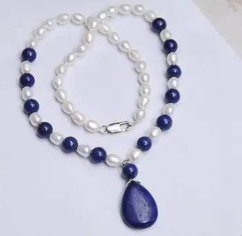 Naravni 7-8 MM Bela Akoya Pearl / Lapis Lazuli Ogrlico, Obesek, 18