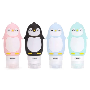 Neprepustne Silikonski Potovanja Steklenice Dodatki Set, 3 oz (90Ml) 4 Pack Vžigalnike Srčkan Pingvin Potovanja Posode za Šampon, Cond