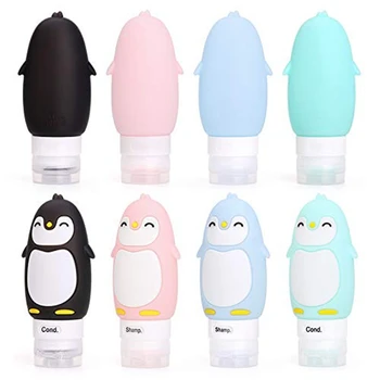 Neprepustne Silikonski Potovanja Steklenice Dodatki Set, 3 oz (90Ml) 4 Pack Vžigalnike Srčkan Pingvin Potovanja Posode za Šampon, Cond