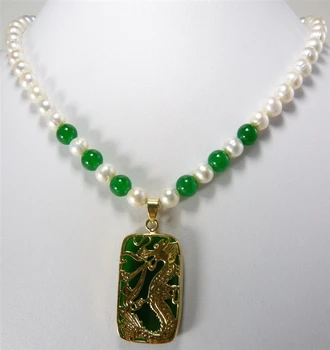 Nov dizajn Lep white pearl & green Jade & zmaj, Ogrlico, obesek brezplačna dostava