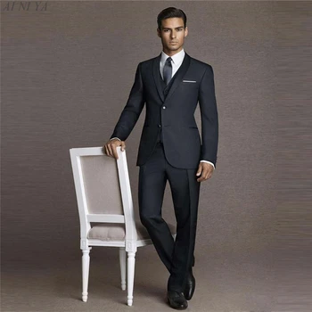 Nov Prihod Oglje Moških Ženina Tuxedos 3 Kos Poročne Obleke Za Moške Šal River Groomsmen Obleke Slim Fit (Suknjič+Hlače+Telovnik)