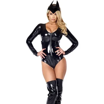 Nov Prihod Seksi Halloween Catwoman Catsuit Ženske Črna Umetno Usnje Erotični Kostum Leotard Mačka Ženske Cosplay Obleka, Perilo