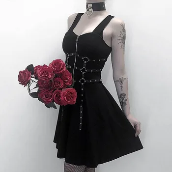 Nov Prihod Žensk Seksi Črne Obleke Gothic Slim Pasovi Navaden Votlih Ženski Punk Rock Gothic Zanko Traku Mini Obleka