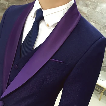 Nove luksuzne Oblikovalec Obleke, Poročna Obleka Za Moške Ženina Tuxedos Moških Tuxedos Slim Fit Modro Vijolične barve Obleke, jopiči (suknjič+hlače+telovnik)