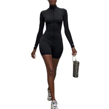 Novo Leto 2020 Ženske Belušno Kratek Dolgimi Rokavi Jumpsuit Visoko Vratu Črke, Vezene Romper Slim Playsuit