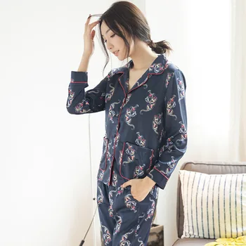 Novo Pomlad Pajama Dolg Rokav Tanke Ženske Pižame Korejski Osebno Domov Oblačila Simulacije Svile Dveh Sklopov Natisnjeni Pijama Mujer