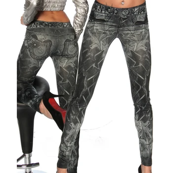 Novo Slim False Imitacije Kavbojke Fitnes Leggins Ženske Jeans Dokolenice Devet Hlače Tatoo Naslikal Dokolenke Black Ena Velikost