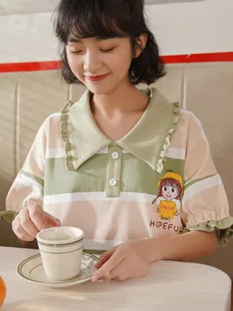 Pajama žensk poletje tanke kratek rokav bombaž risanka deklica korejski domov oblačila sladko ljubko dekle dva kosa iz poletje