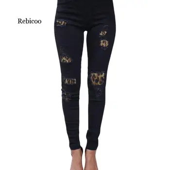 Plus Velikost Womens Visok Pas, Jeans Trdna Leopard Mozaik Nezakonitih Belušno Luknje Svinčnik Stretch Hlače Slim Hlač