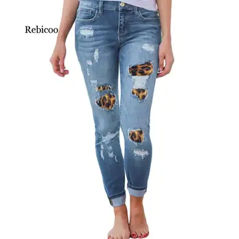 Plus Velikost Womens Visok Pas, Jeans Trdna Leopard Mozaik Nezakonitih Belušno Luknje Svinčnik Stretch Hlače Slim Hlač