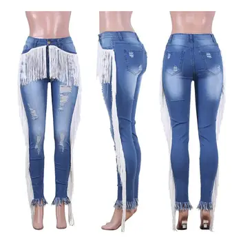 Plus Velikost Ženske Elastične Blue Jeans Seksi Visoko Pasu Suh Tassel Jeans, Moda Raztrgane Hlače, Črno Moder Svinčnik Push Up Hlače