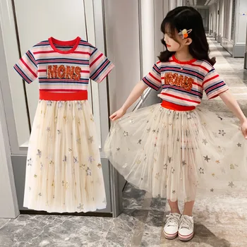 Poletje 2020 Baby Dekleta Kompleti Oblačil Obleke Otroci Oblačila Prugasta T-shirt Kratek Rokav + Princesa Gaza Krilo Otrok Oblačila Sklop
