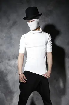 Poletje kratkimi rokavi tshirt moški moški osebnost stojalo ovratnik brez naramnic 1 tanka t-shirt moški camisa masculina črno bel korejski