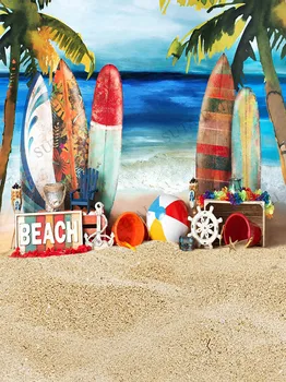 Poletje Palm Čoln Dreves Veje Surf Deskanje Na Havajih Odbor Pesek, Morje, Plaže, Modro Nebo Po Meri Foto Studio Ozadje Ozadje Vinil