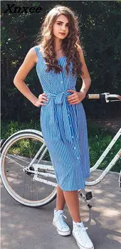 Poletna obleka modro črtasto obleko bombaž oblačila brez rokavov špageti trak off ramenski seksi žensk stranke obleke s pasom
