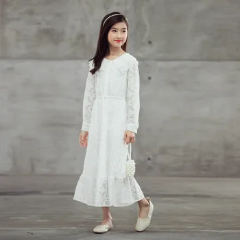 Pomlad Dolg Rokav Beli Obleke za Stranko Moda Otroke Dekleta Princesa Obleko Jeseni Najstniških Čipke Cvet Kostum 4 8 12 15Yrs