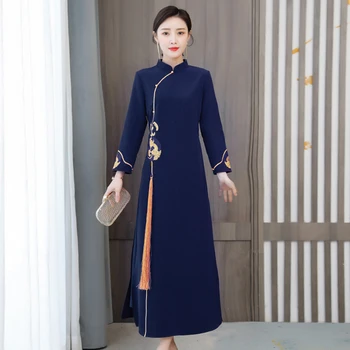 Pomlad Jesen Kitajski stil oblačenja pri ženskah dolgo, Polno rokavi obleka ženske boljše cheongsam obleko Tang bo ustrezala hanfu banket Nova