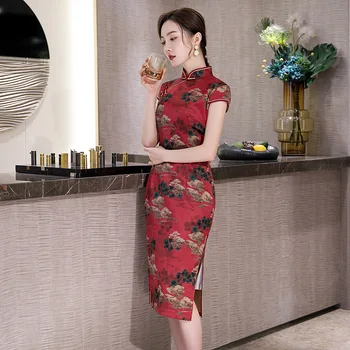 Pomlad / Poletje 2020 Novi Kitajski Slog Mama Obrabe Vsak Dan Gostije Izboljšano Kitajski Ženske Obleke Cheongsam Seksi Qipao Платье
