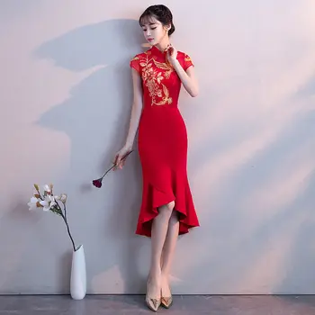 Rdeča Morska Deklica Poročno Obleko Elegantno Tradicionalni Večerni Obleki Cheongsam Obleko Seksi Dolgo Qipao Vezenje Družico Obleke Vino