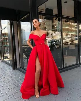 Rdeča Prom Oblačenja A-line Off Ramo Režejo Seksi Formalno Dolgo Prom Obleke Večerne Obleke Haljo De Soiree