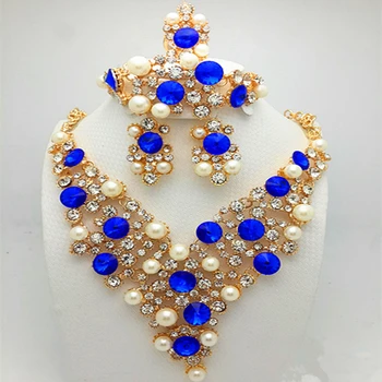 Rdeče modra Imitacije kamni Poročni nakit sklopov Nigerijski Poroko Afriške Kroglice Nakit Set Modne blagovne Znamke v Dubaju Zlato Nakit set