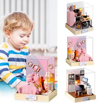 Risanka DIY Miniaturni Lutke Leseno Pohištvo Komplet Lutka Hiša Model Otroci Dekle Montessori DIY Igrače za Otroke, Božična Darila